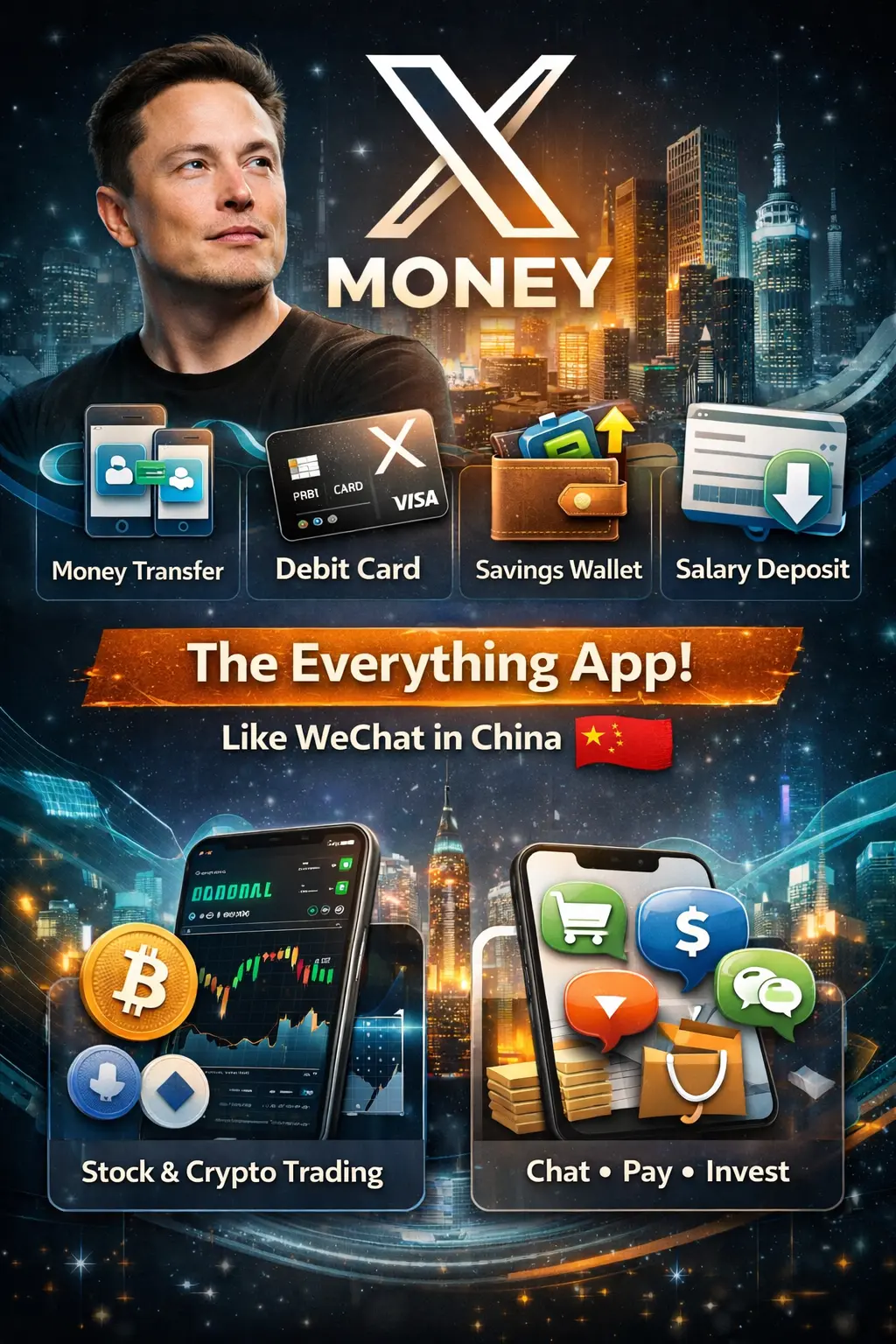 X Money app interface and Elon Musk financial platform
